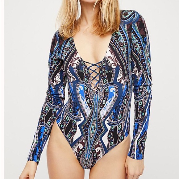 NWT Free People Blue Paisley Pick A Place Bodysuit - Picture 1 of 8